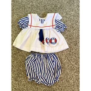 Vintage Baby Girls Dress and Bloomer Set Sz 0-6 Months. Sailor Red White Blue